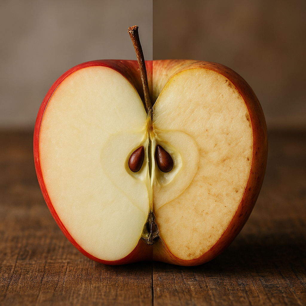 Manzana partida por la mitad, mostrando contraste entre aspecto fresco e imperfecto, demostrando igual valor nutricional